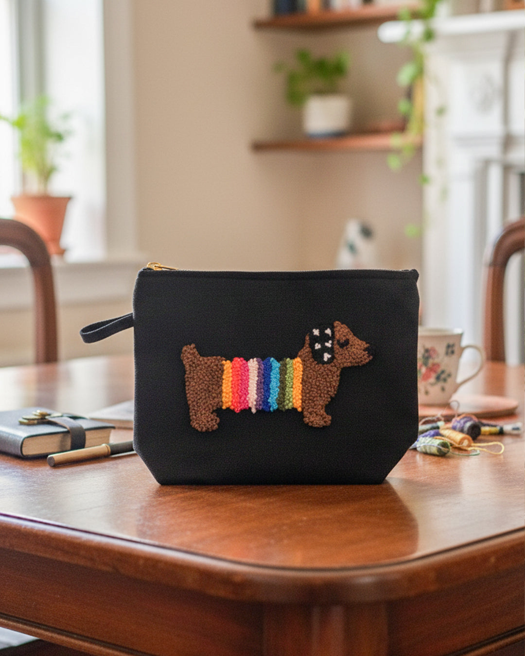 Handmade Punch Needle Clutch – Sausage Dog Design | Water-Resistant (Black)