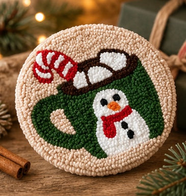 A round, hand-punched needlepoint holiday ornament featuring a snowman wearing a brown hat and red scarf inside a green mug, surrounded by a beige border. The ornament is displayed on a rustic wooden surface with festive holiday decorations in the background.