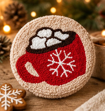 A round, handcrafted rug or textile coaster featuring a festive red mug filled with white whipped cream and topped with a white snowflake, set on a wooden surface with holiday lights and pinecones in the background.