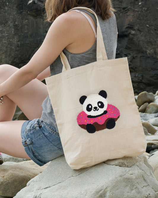 HANDMADE PUNCH NEEDLE TOTE BAG - PANDA DOUGHNUT