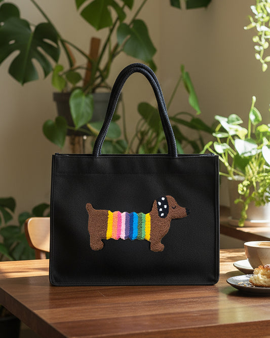 Black tote bag with a colorful dog design on a wooden table with plants in the background