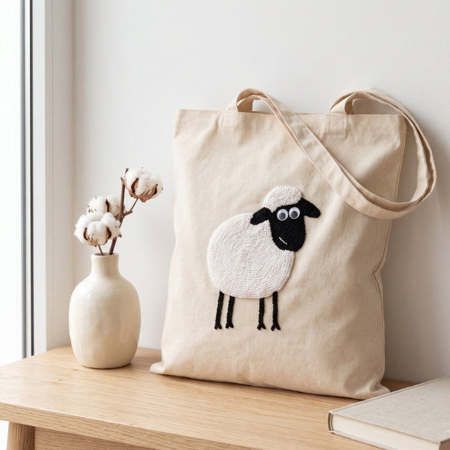 Sheep tote bag with handmade punch needle design and googly eyes, resting against a wall next to a vase of cotton stems